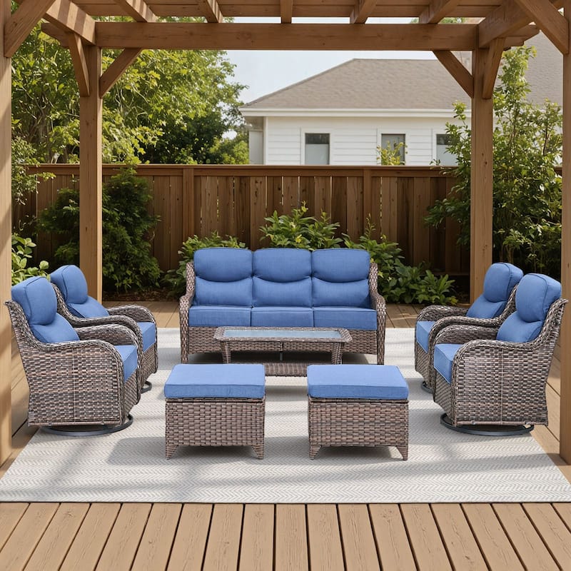 Arcadia 8-Piece Wicker Patio Conversation Set with Swivel Gliders and 6-Inch Thick Olefin Cushions - Navy Blue Cushions - Brown Wicker