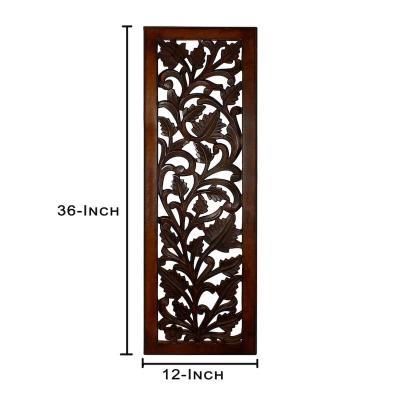 Mango Wood Wall Panel Hand Crafted with Leaves and Scroll Work Motif, Brown