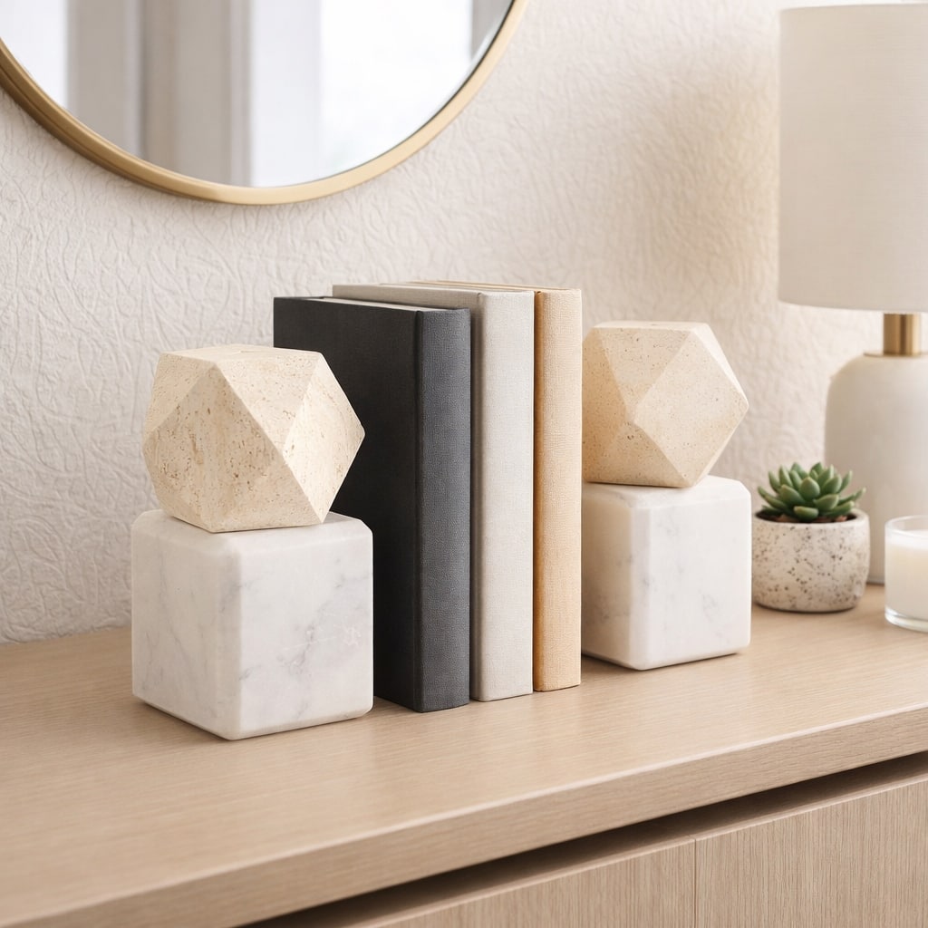 Decorative Marble Bookends with Hexagon Orb - Set of 2, 6"