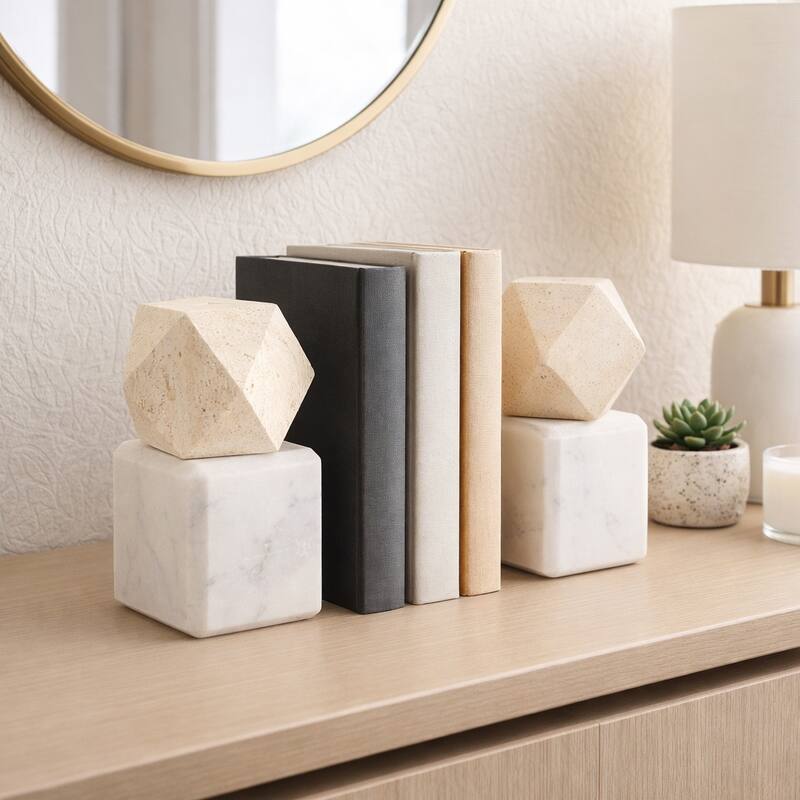 Decorative Marble Bookends with Hexagon Orb - Set of 2, 6" - 6.25" - Tan