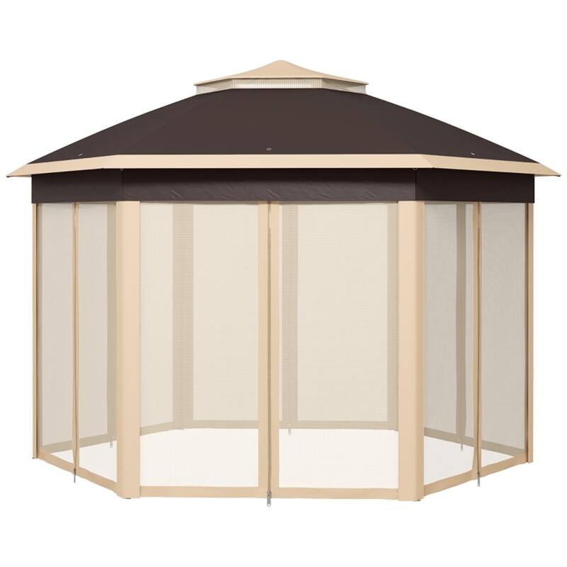 Beige Steel Polyester Mesh Hexagon Pop Up Canopy Tent with Sidewalls - Top Height: 9.4'