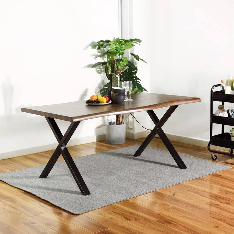 63-inch Live Edge Wood Dining Table with Black X-Frame Metal Legs – Modern Industrial Dining Room Table