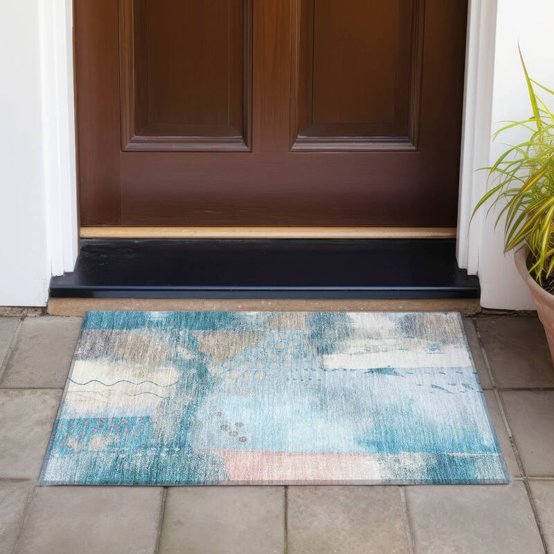 Machine Washable Indoor/Outdoor Modern Abstract Chantille Rug - Teal - 1'8" x 2'6"
