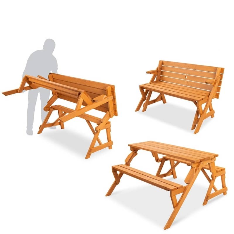 Outdoor Interchangeable 2 in 1 Multi-Use Wooden Picnic Table Garden Bench Umbrella Hole - N/A