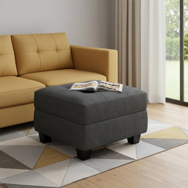 HomeRoots 26" Light Gray and Black Linen Tufted Storage Ottoman - Gray