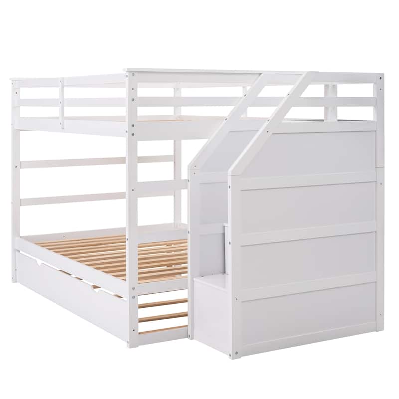 Bunk Bed with Trundle with Safety Guardrail and 3 Storage Stairs, Triple Bunk Multifunctional Space-Saving Solution for Bedroom