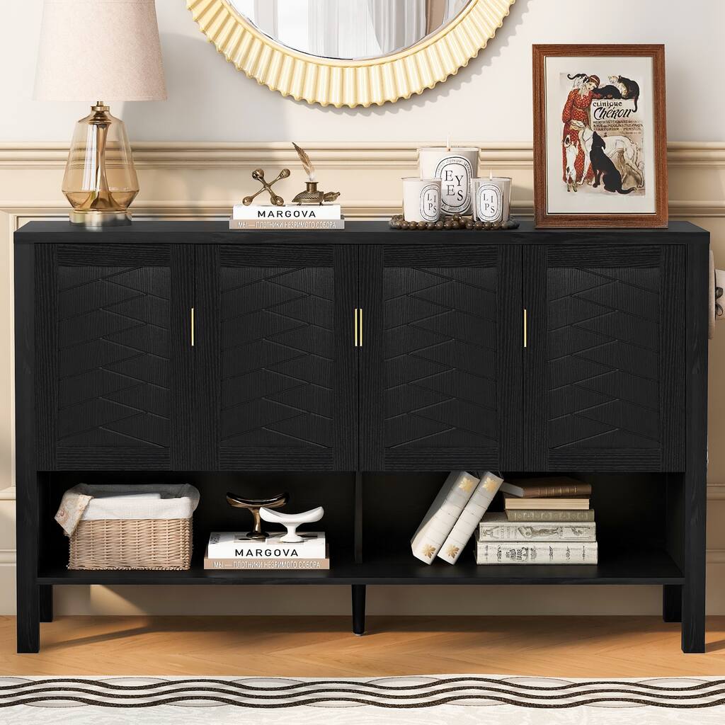 Roomfitters Sideboard Buffet Cabinet with 4 Door Mid-century Modern Geometric Storage and Open Shelf for Kitchen & Dining