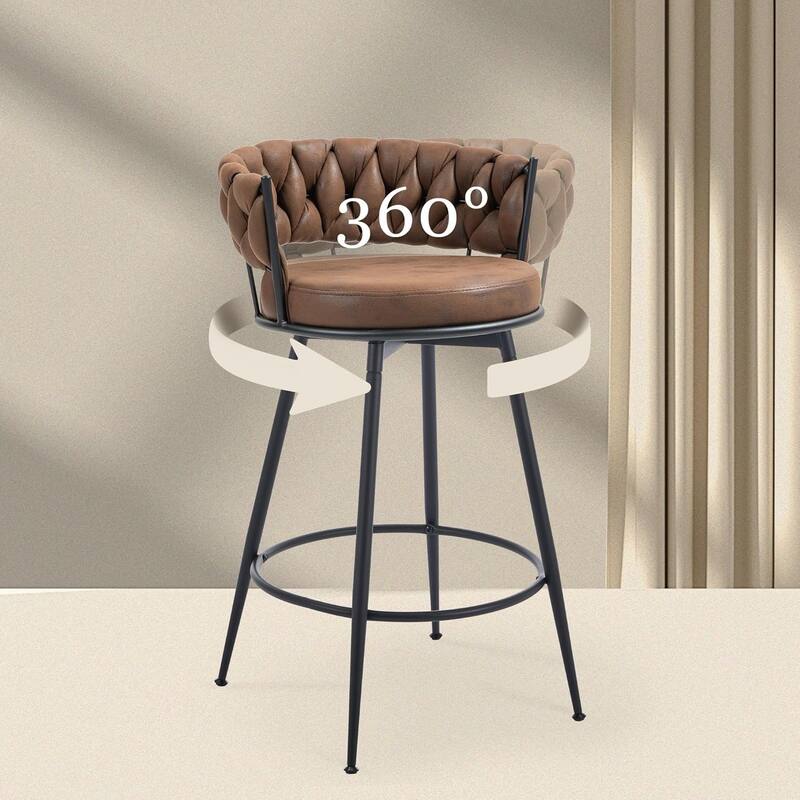 XINMICS 360° Swivel Bar Stools, 24 Inches Modern Counter Height Bar Stools with Woven Back, Upholstered Suede Tall Barstools
