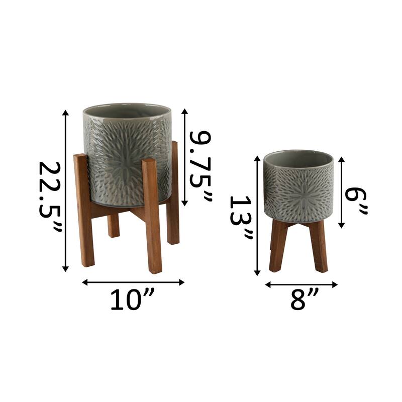 Mid-Century Set of 2 10" & 8" Sunburst Ceramic Planter on Wood Stand