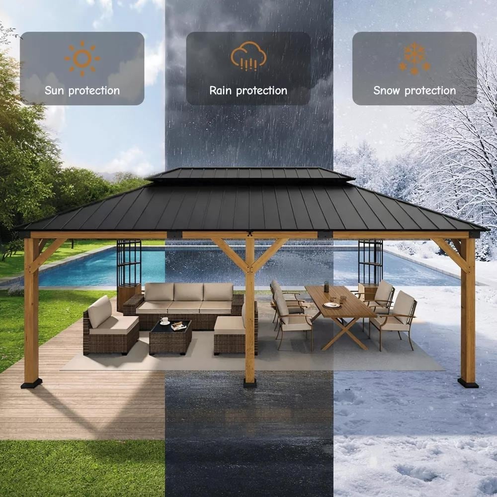 Kullavik Solid Cypress Wood Gazebo, Double Layered Canopy/Roof