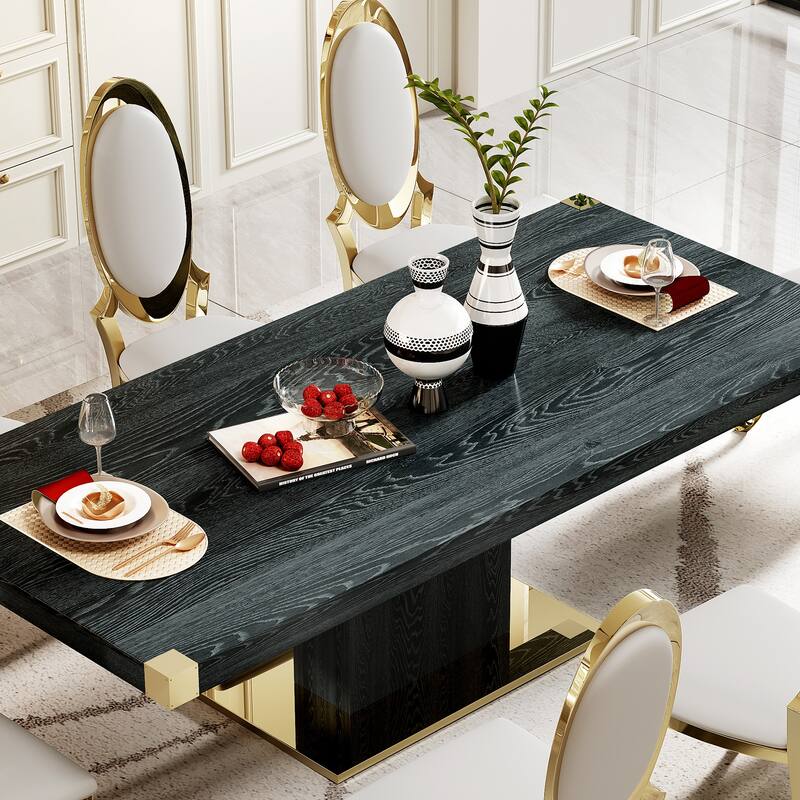 MDF Top Dining Table with Gold Finish Corner, MDF Pillar and Gold Finish Stainless Steel Base