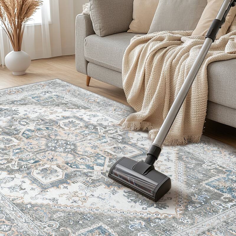 Mcow Vintage Gray Classical Pattern Ultra-Thin Low-Pile 5x7 Non-Slip Washable Area Rug - 5' x 7'