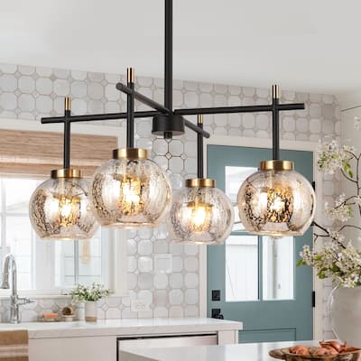 Modern Farmhouse 4-Light Black Gold Chandelier Mercury Glass Pendant Lights for Dining Room - 21" D x 10" H