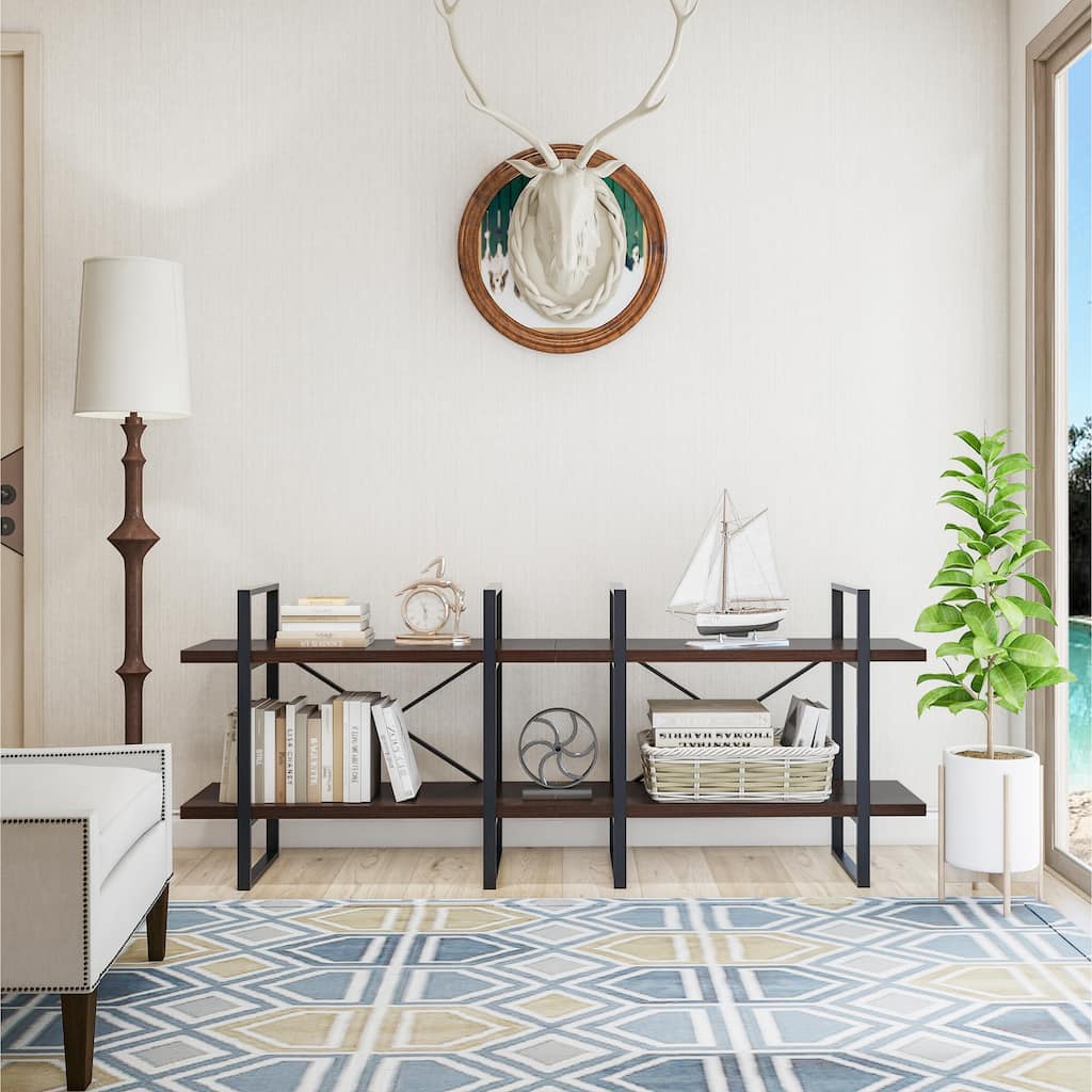 Oleg Black Walnut Adjustable Wood and Metal Display and Steel Etagere Bookcase - 11.34’’ x 70.86’’ x 28.35’’