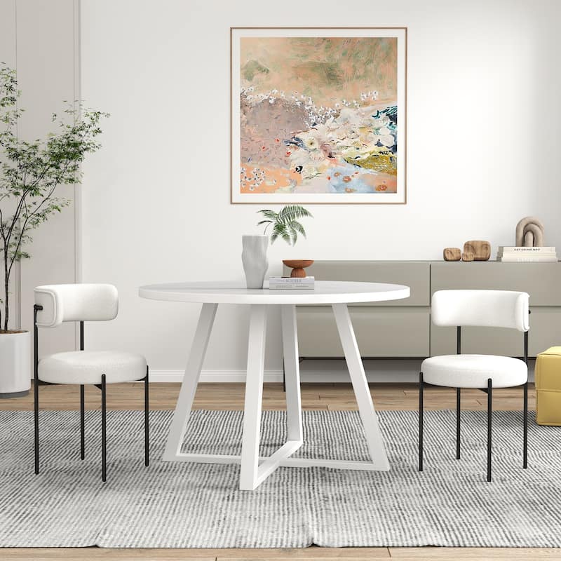 Roundhill Durban 3-Piece Round Dining Set, Trestle Dining Table with 2 Boucle Chairs - White