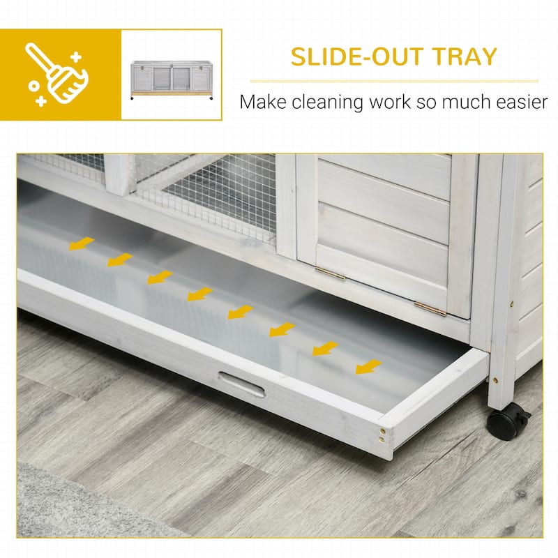 Light Grey Fir Wood Small Pet Hutch with Steel Wire and Slide-Out Tray - 54.3" L x 20.9" W x 24" H