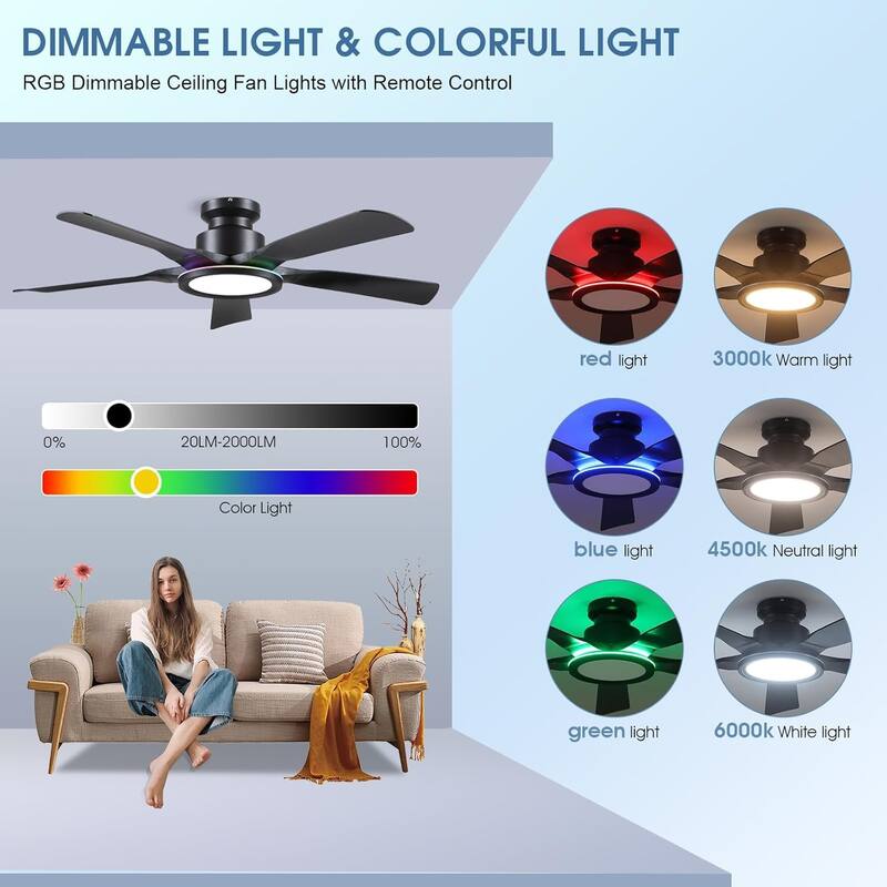 52 Inches RGB Flush Mount Ceiling Fan with Light,Reversible DC Motor - 52 Inches