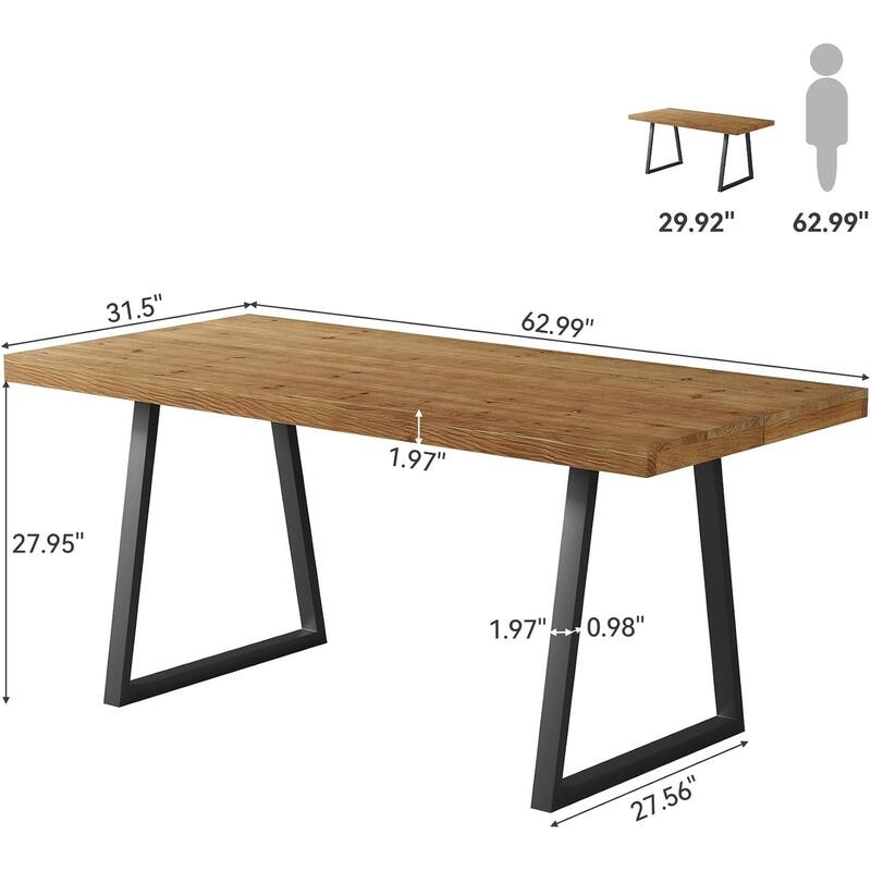 63-Inch Solid Wood Industrial Executive Desk with Strong Metal Legs for Home Office, Small Conference Table