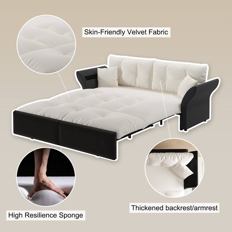 74.8" Queen Pull Out Sofa Bed, 3-in-1 Convertible Sleeper Tufted Sofa with 2 Soft Pillows,Multi-Functional Velvet Loveseat Bed