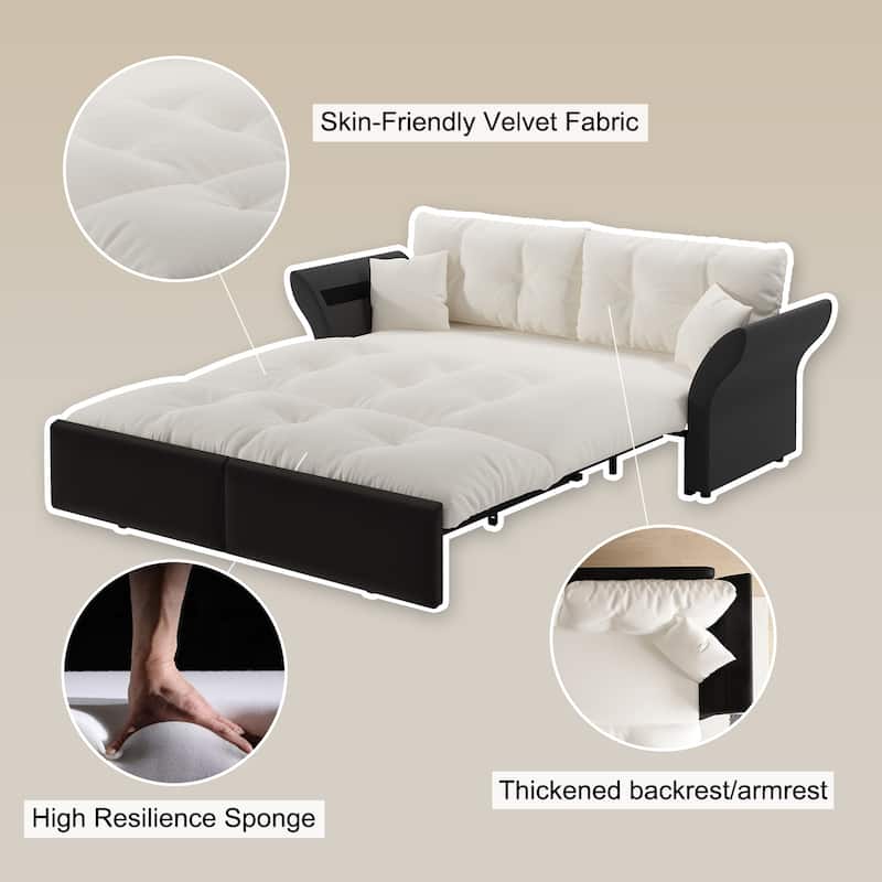 Queen Pull Out Sofa Bed, 3-in-1 Convertible Sleeper Tufted Sofa with 2 Soft Pillows, Velvet Loveseat Bed