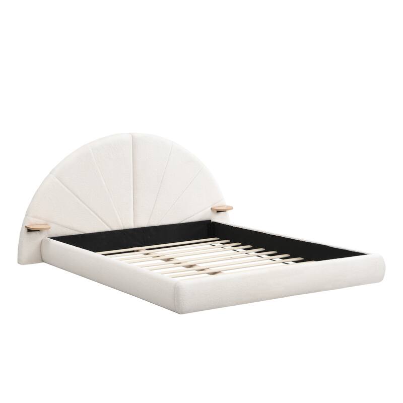Queen Size Upholstered Bed, Beige Low Profile Boucle Bed Arched Headboard Wingback Bed with Small Table, Platform Bed