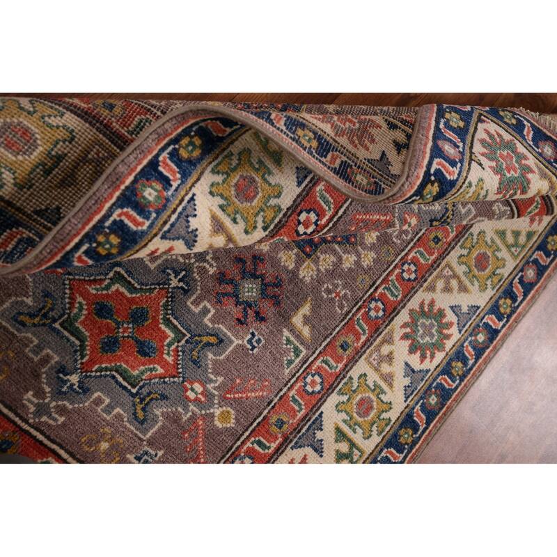Geometric Brown Kazak Foyer Rug Hand-Knotted Wool Carpet - 2'9" x 4'1"