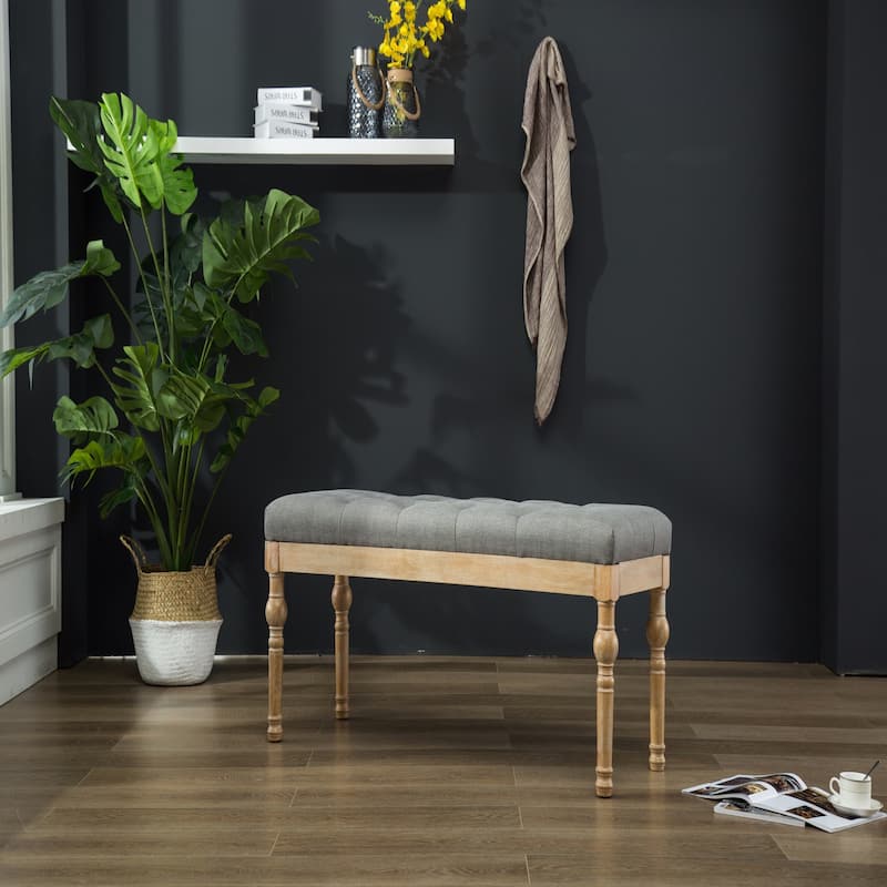 Solid Wood Button Tufted Dining Bench, Grey