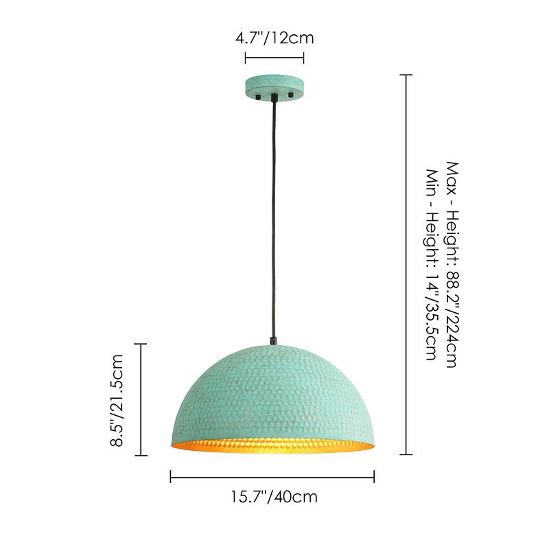 15.7" 1-Light Retro Antiqued Green Hammered Dome Pendant with Gold Interior Hanging Light for Dining Room