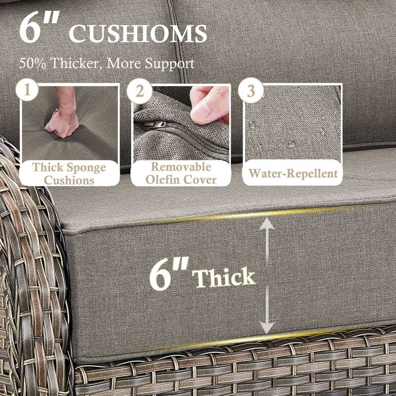 Arcadia 3-Seat Wicker Patio Sofa with 6-Inch Thick Cushions and 2 Ottomans