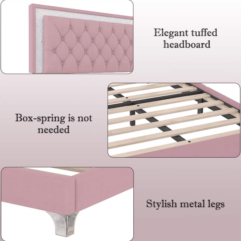 Full Upholstered Bed - LED Tufted Headboard, Velvet Platform, Modern Style