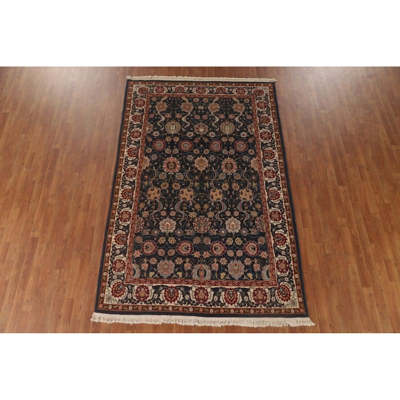 All-Over Floral Blue Tabriz Oriental Area Rug Hand-Knotted Wool Carpet - 5'9" x 8'10"