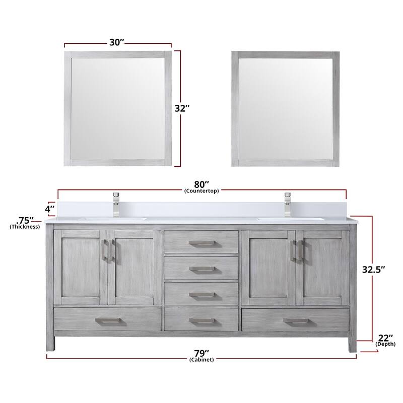 Jacques 80 in. W x 22 in. D Distressed Grey Double Bath Vanity, White Quartz Top, and 30 in. Mirrors
