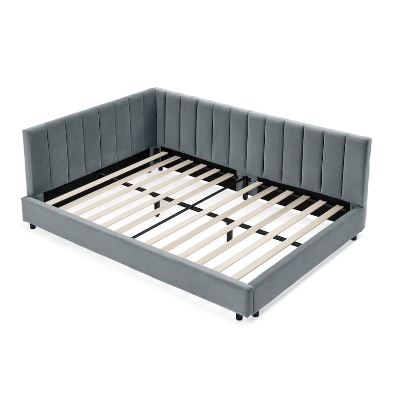Full Size Upholstered Tufted Daybed, Velvet Fabric Sofa Bed Frame with L Shaped Backrest and Armrests, Wooden Slat Support