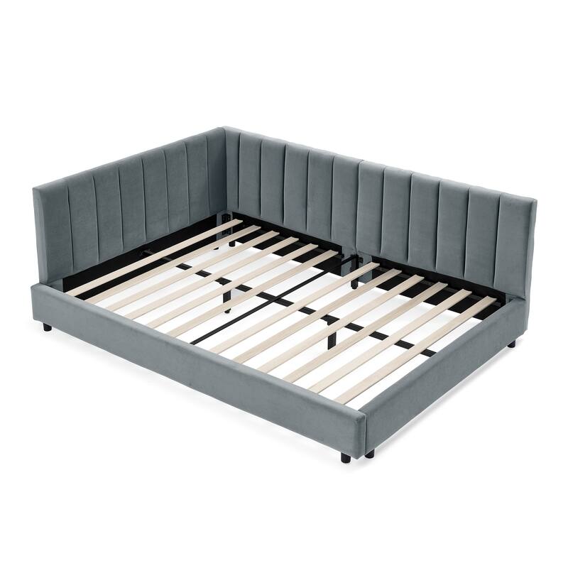 Roomfitters Full Upholstered Tufted Bed Frame with Backrest and Armrests, Velvet Sofa Bed for Bedroom or Living Room
