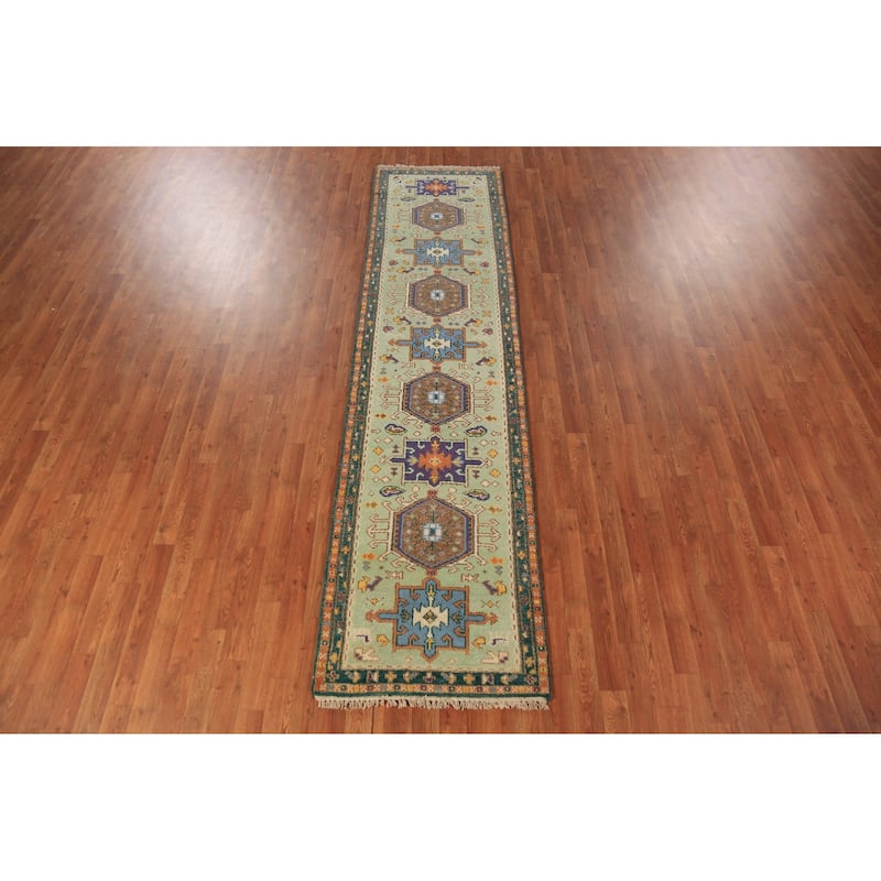 Light Green Khotan Indian Runner Rug Handmade Wool Carpet - 2'5"x 9'10"