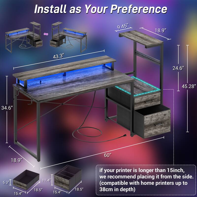 60'' Reversible Gaming Desk with Monitor Stand & Fabric Drawers，Home Office Computer Desk with RGB LED Strip & Power Outlets