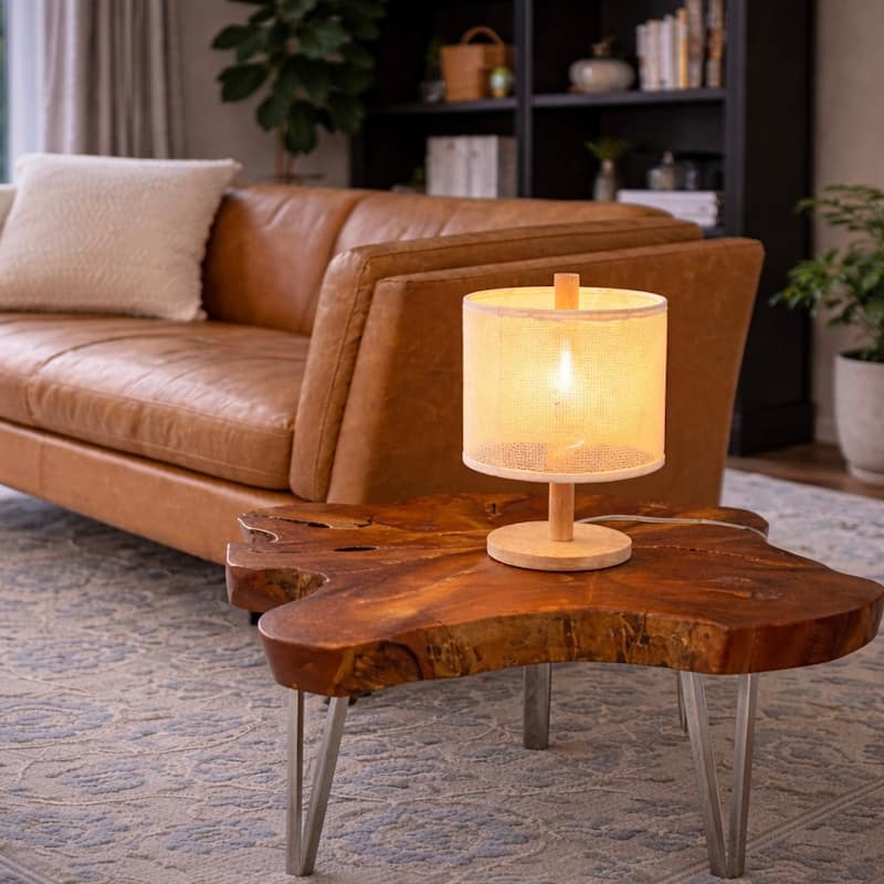 Lily Natural Woven Table Lamp with Wooden Base - Walnut