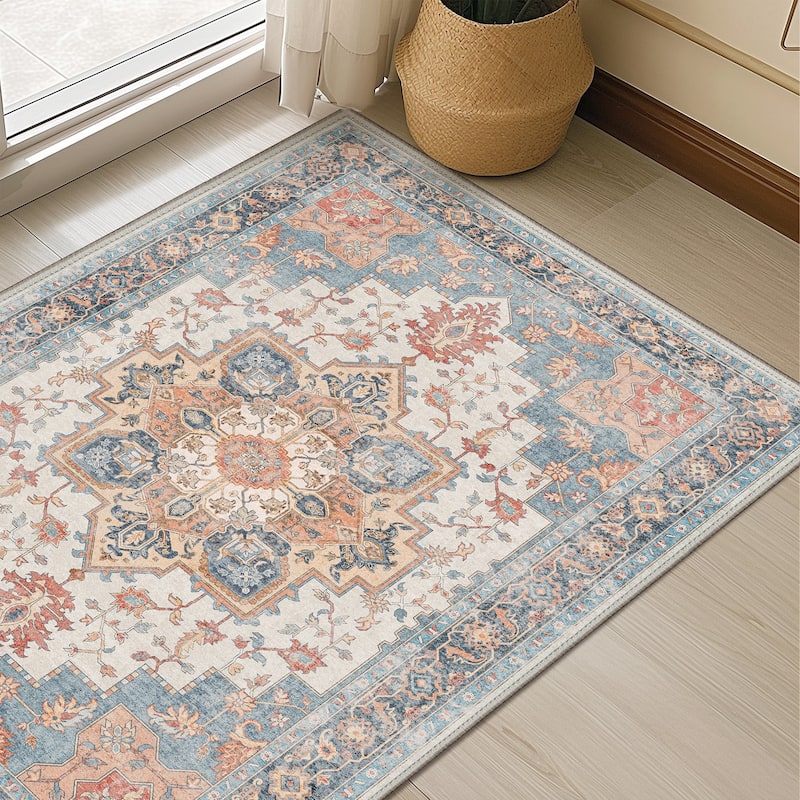 Mcow Neutral Floral Low Pile Machine Washable Non-Slip Area Rug - 8'X10' - Blue Salmon - Rectangle