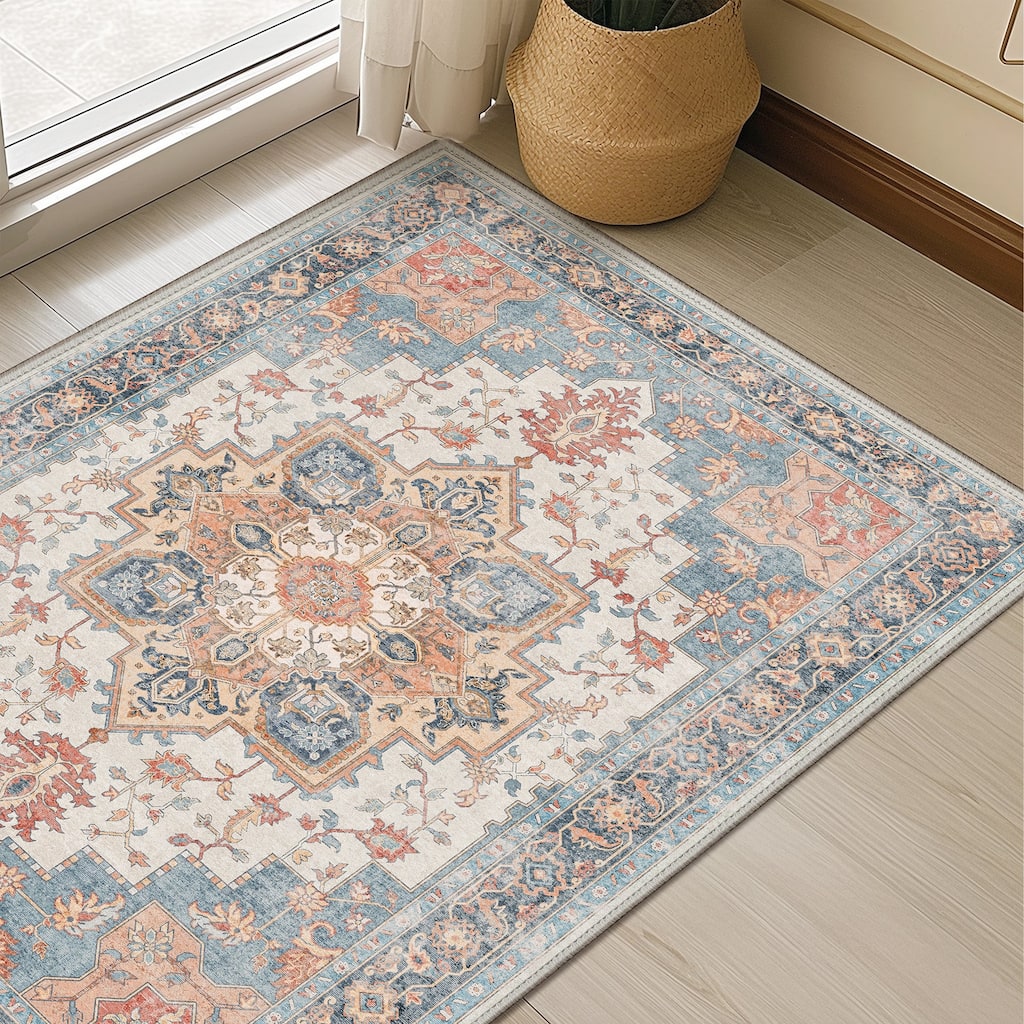 Mcow Neutral Floral Low Pile Machine Washable Non-Slip Area Rug