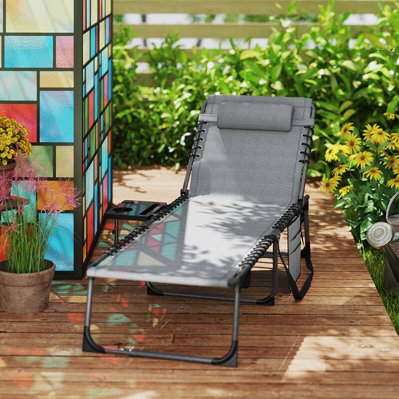 Outsunny Folding Chaise Lounge Chair Outdoor Tanning Chair with Side Table, 5-Level Adjustable Beach Lounge Chair with Headrest