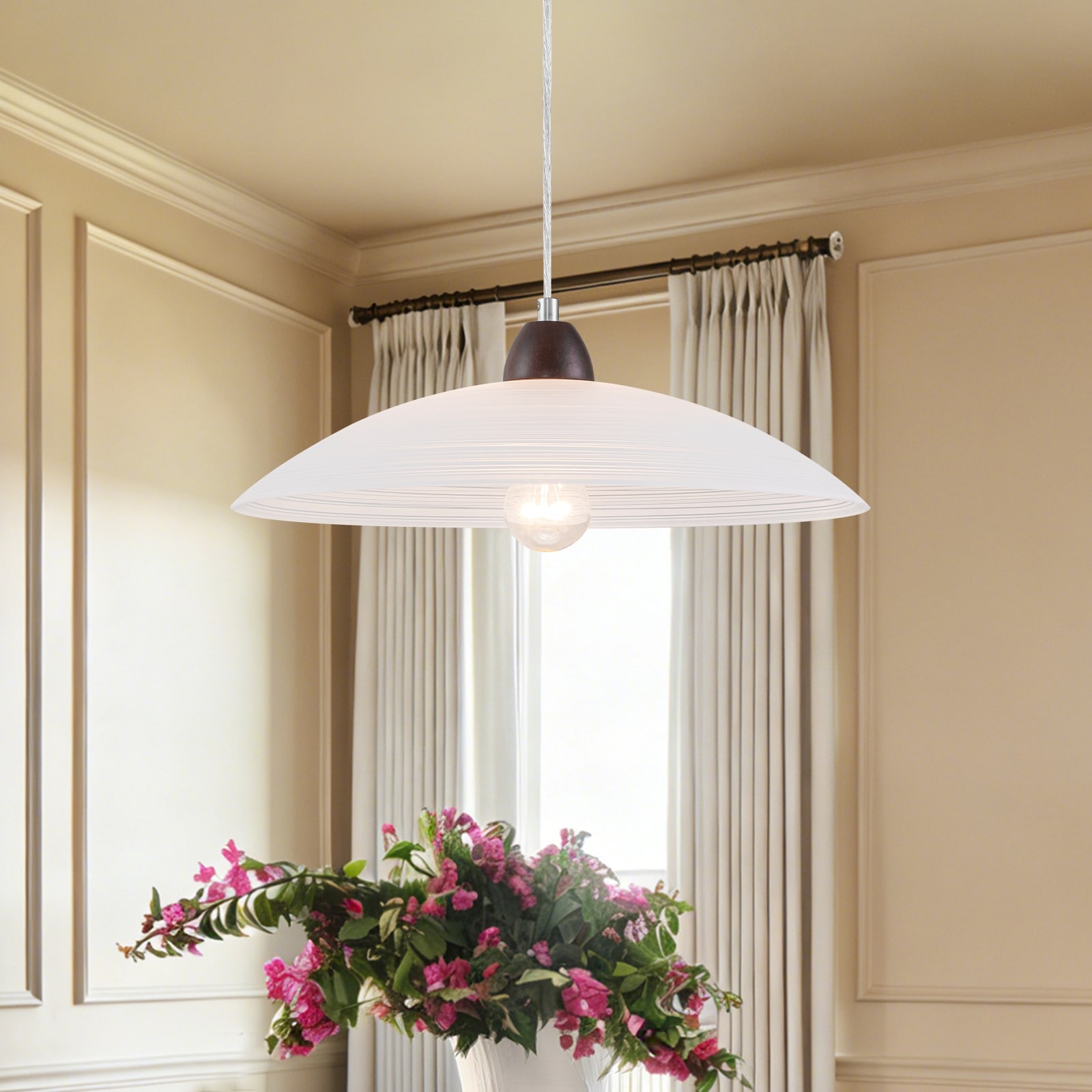 1-Light Modern Chrome Dome Pendant Light White Textured Glass Shade - Dia.15.75-in