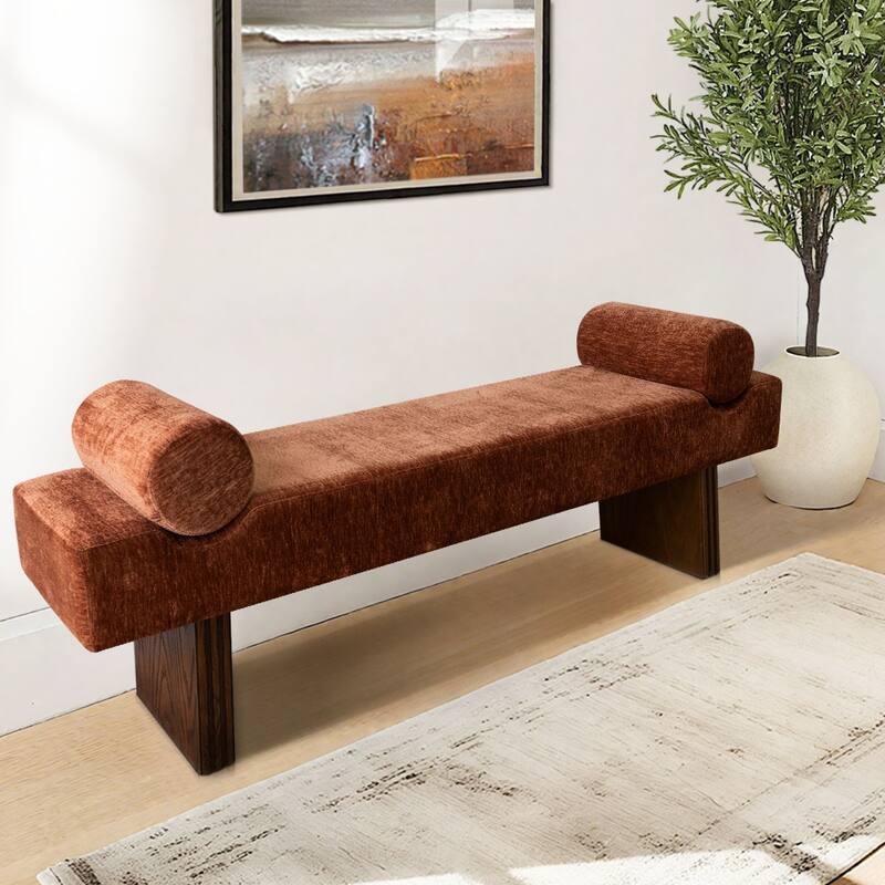 60" Upholstered Bedroom and Entryway Bench with Bolster Pillows