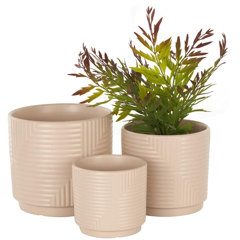 Ceramic Geometric Indoor Outdoor Planter with Layered Square Shaped Grooves - Set of 3 Pink, Cream or Gray - Roche River Decor