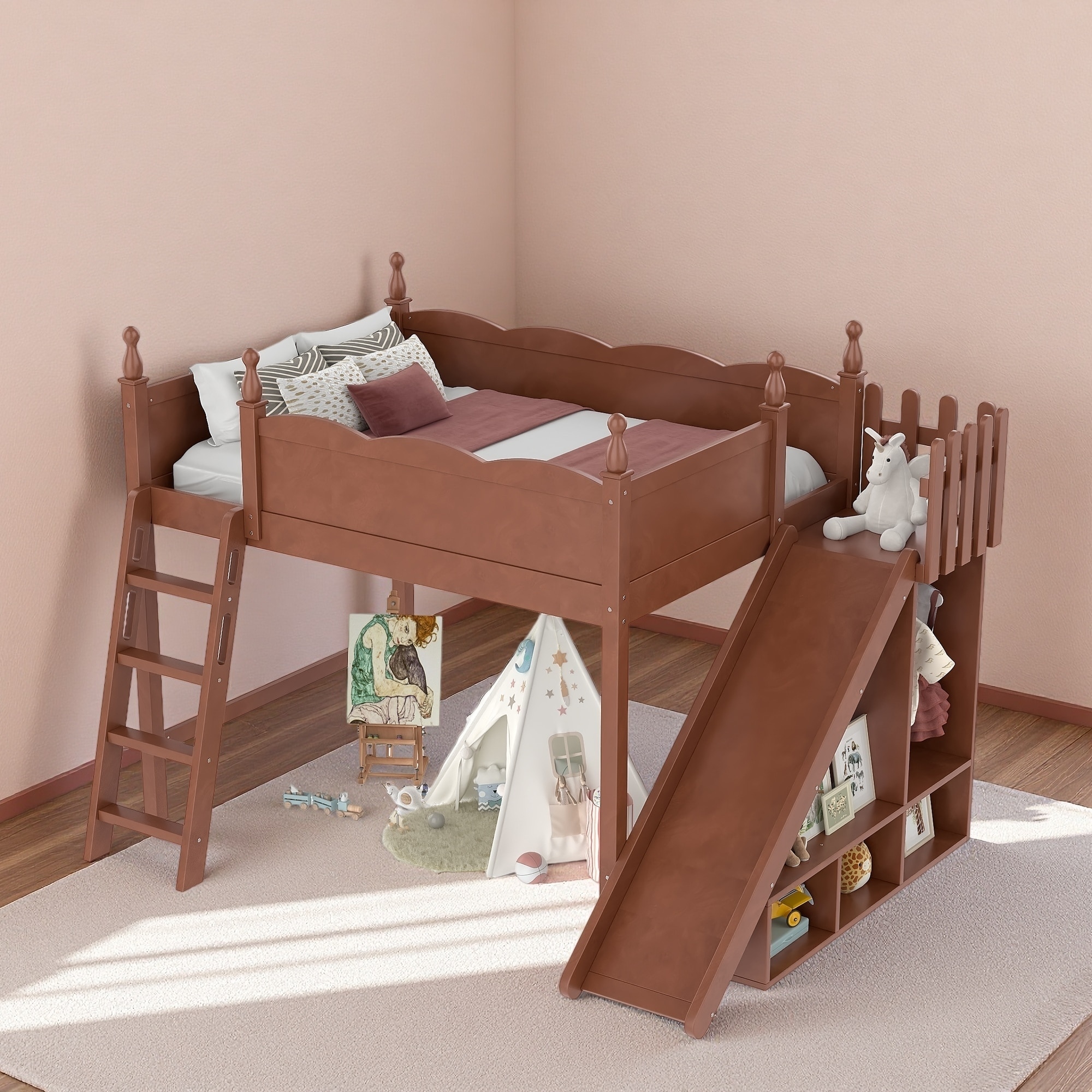 Full Size Solid Wood Loft Bed with Storage Shelves and Wardrobe, Detachable Slide and Ladder, Space-Saving Under-Bed Play Area