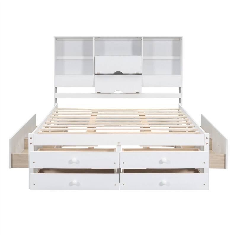Queen/King Size Captain Bed with Storage Bookcase Headboard, Solid Wood Platform Bed Frame with 8 Storage Drawers and Slats