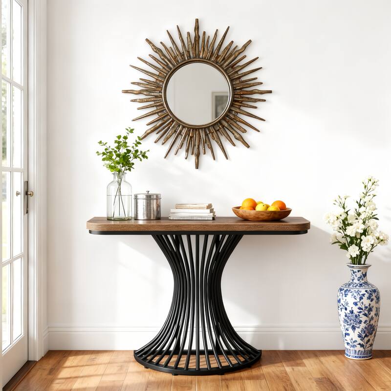 Industrial Console Table Entryway Table with Geometric Metal Base - Brown