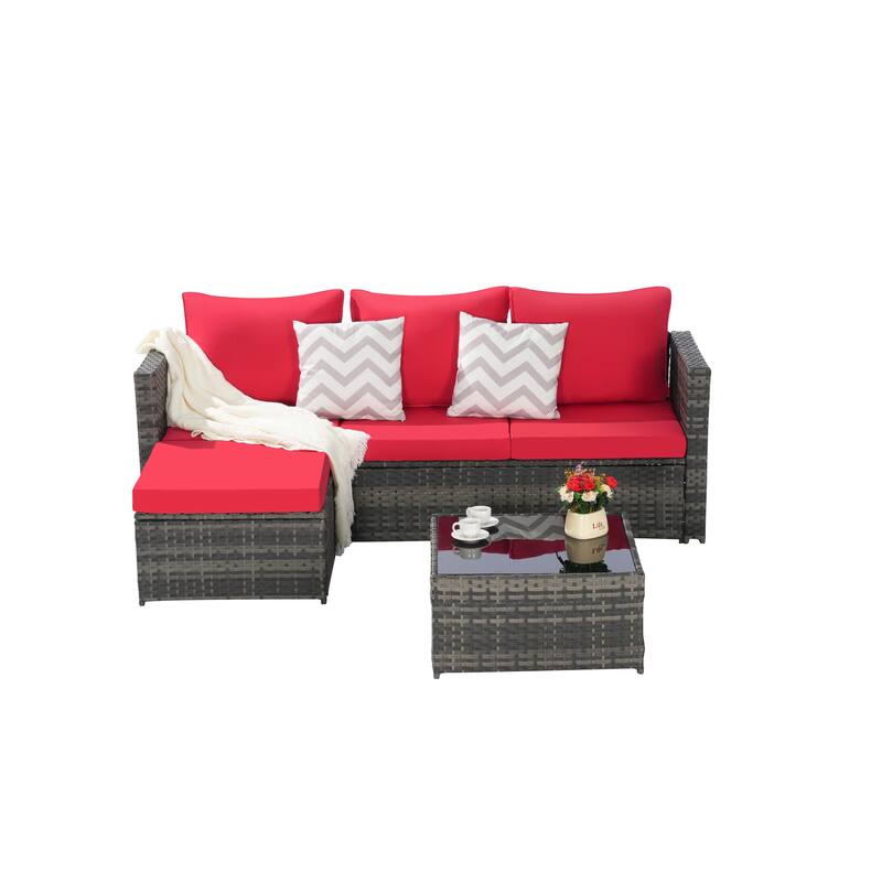 2-Pieces Outdoor Patio L-Shaped Sectional Sofa Set with Glass Coffee Table