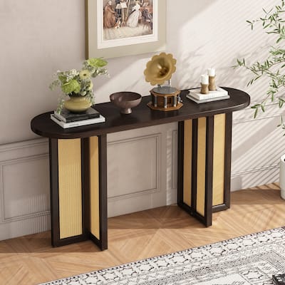 Farmhouse Rattan Console Table Entryway Table,Espresso