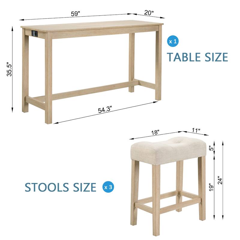 4 Piece Bar Table Set with Power Outlet, Bar Table Set with Chairs and Stools, Behind Couch Table with 3 Padded Stools