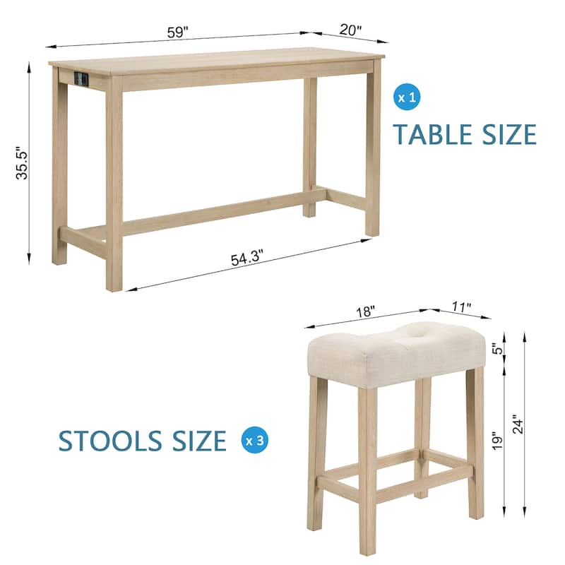 4 Piece Farmhouse Bar, Table Set with Power Outlet, Dining Table Set w/3 Upholstered Stools, Wood Console Table Set for Kitchen